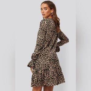 NA-KD Leopard Print Flounce Long-Sleeve Dress, Women’s Medium